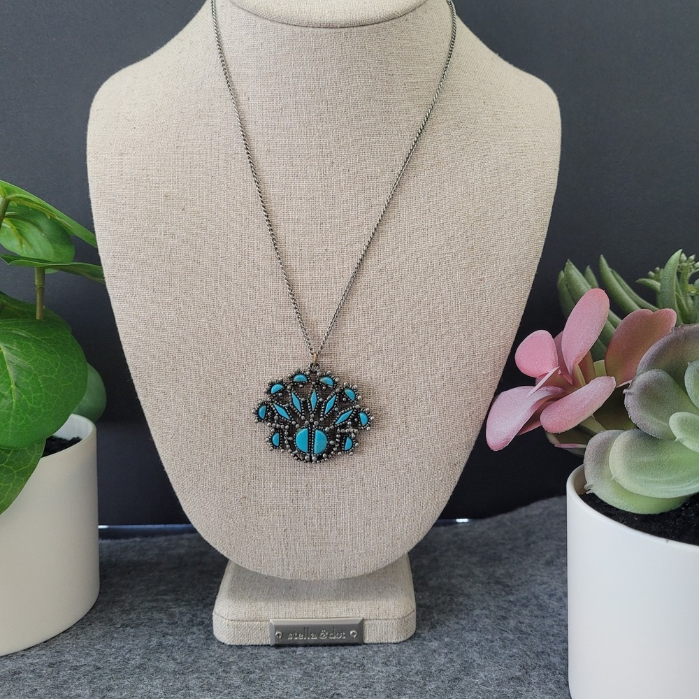 Southwestern Style Blue Cabochon Openwork Statement Pendant Necklace 15in